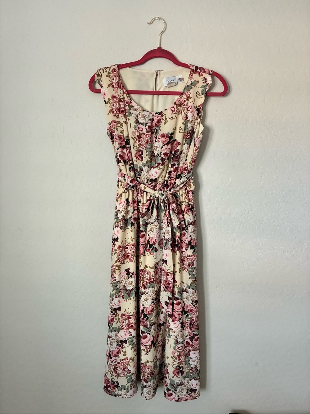 Jody California Floral Sleeveless Midi Dress in Cream and Pink made in USA